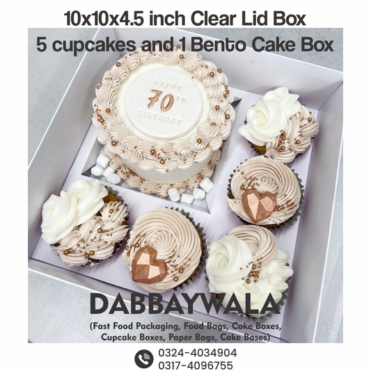 10x10x4.5 inch - 5 Cupcake and 1 Bento Cake Clear Lid Box