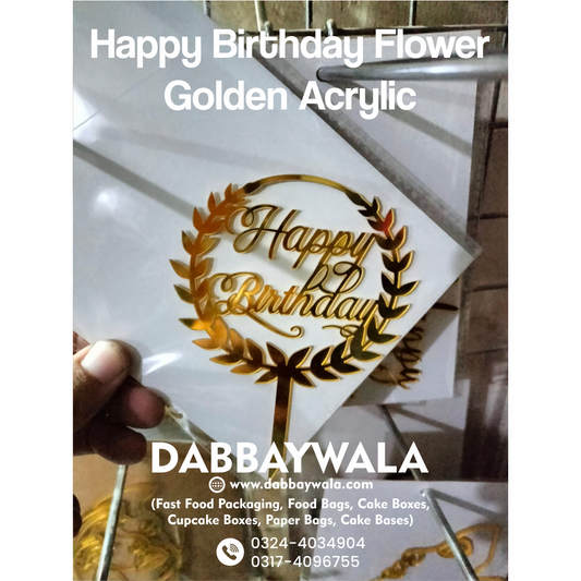 Golden Acrylic Happy Birthday Flower Cake Topper